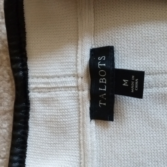 Woman's Medium Talbots Off White Open Cardigan Black Fax Leather Trim - Picture 4 of 6